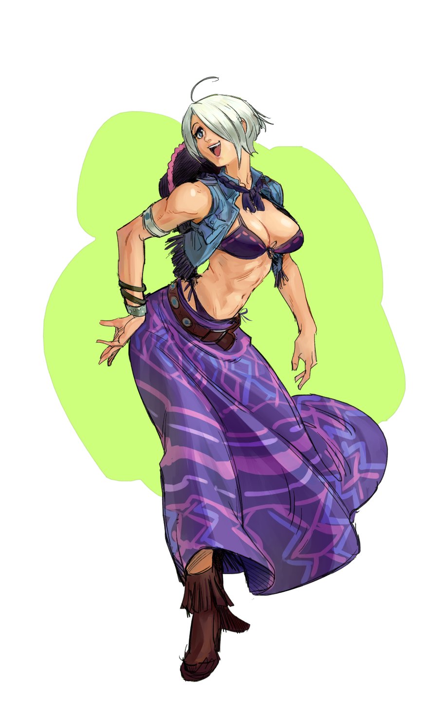 1girl abs angel_(kof) betofu boots bra bracelet breasts commission hair_over_one_eye hat highres jewelry large_breasts mexican_dress mexico open_clothes open_vest short_hair skirt smile snk solo sombrero strapless strapless_bra the_king_of_fighters the_king_of_fighters_2001 the_king_of_fighters_xiv toned underwear vest white_hair