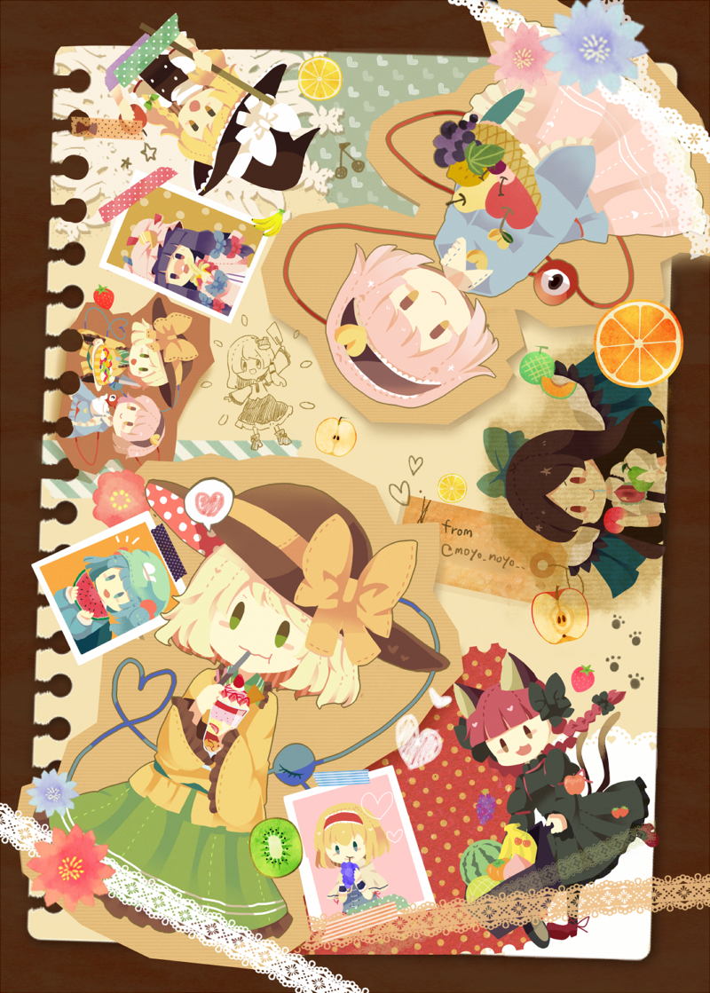 6+girls :t alice_margatroid animal_ears apple arm_up artist_name bangs blonde_hair blue_flower blunt_bangs blush_stickers bow braid cat_ears cat_tail closed_mouth drinking flower food fruit gohei hat hat_bow heart heart_of_string kaenbyou_rin kawashiro_nitori kirisame_marisa kochiya_sanae komeiji_koishi komeiji_satori lace-trimmed_hairband lace_trim mob_cap moyo_(amaniwa) multiple_girls multiple_tails nekomata parfait patchouli_knowledge photo_(object) pink_hair red_flower reiuji_utsuho short_hair smile spoken_heart tail third_eye touhou twin_braids twintails two_tails watermelon_slice wheelbarrow witch_hat