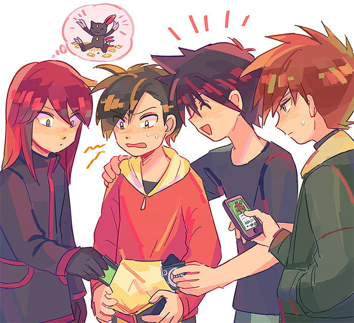 4boys blue_oak brown_hair cellphone closed_mouth commentary_request ethan_(pokemon) gloves green_jacket holding holding_phone itome_(funori1) jacket long_hair long_sleeves male_focus multiple_boys phone pokemon pokemon_adventures red_(pokemon) red_jacket redhead shirt short_hair short_sleeves silver_(pokemon) sneasel spiky_hair sweatdrop t-shirt thought_bubble zipper_pull_tab