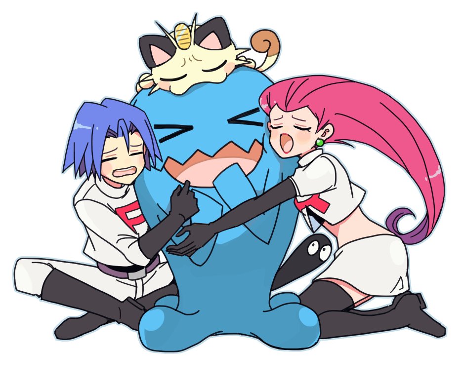 1boy 1girl atsumi_yoshioka blue_hair closed_eyes james_(pokemon) jessie_(pokemon) long_hair meowth open_mouth pokemon pokemon_(anime) pokemon_(creature) redhead team_rocket very_long_hair wobbuffet worried