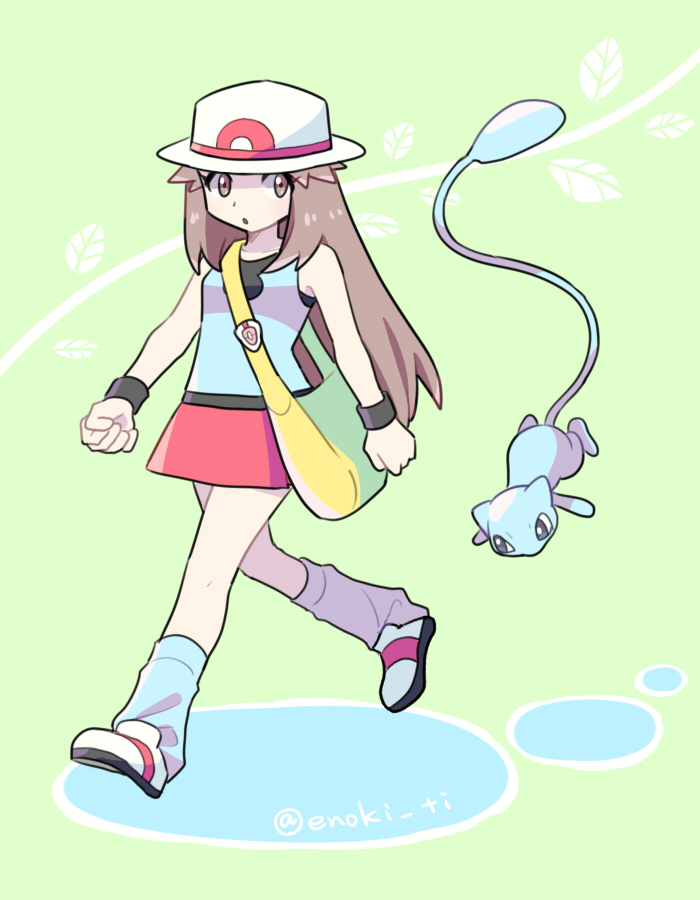 1girl alternate_color bag black_wristband blue_legwear blue_shirt brown_eyes brown_hair bucket_hat commentary_request eyelashes full_body green_background hair_flaps hat leaf_(pokemon) long_hair loose_socks messenger_bag mew pokemon pokemon_(creature) pokemon_(game) pokemon_frlg pumpkinpan red_skirt shiny_pokemon shirt shoes shoulder_bag skirt sleeveless sleeveless_shirt vs_seeker white_footwear white_headwear wristband yellow_bag