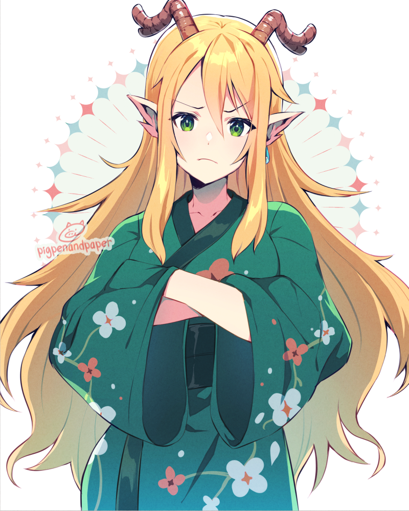 &gt;:( 1girl artist_name bangs blonde_hair closed_mouth commission copyright_request earrings eyebrows_visible_through_hair floral_print green_kimono hair_between_eyes hands_in_opposite_sleeves horns japanese_clothes jewelry kimono long_hair long_sleeves looking_at_viewer numbers_(pigpenandpaper) obi pointy_ears print_kimono sash solo v-shaped_eyebrows very_long_hair watermark white_background wide_sleeves