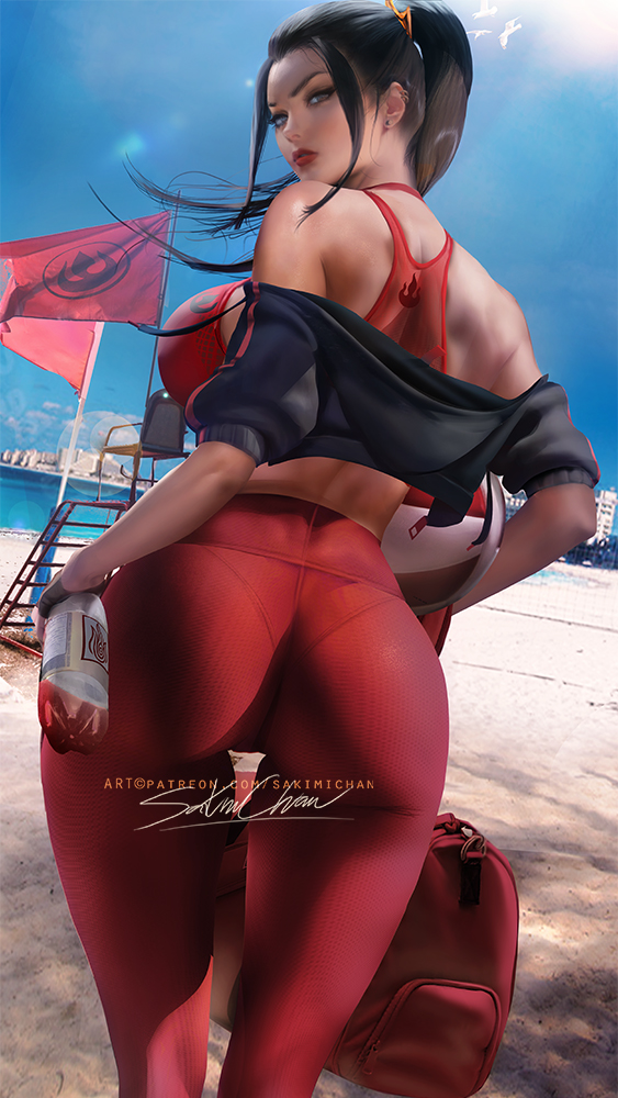 1girl ass avatar:_the_last_airbender avatar_(series) azula bag banned_artist bare_shoulders beach black_hair black_legwear bottle bra breasts duffel_bag ear_piercing earrings from_behind hood hoodie jewelry large_breasts leggings lifeguard_chair lips looking_at_viewer looking_back piercing ponytail red_bra red_lips sakimichan skindentation sports_bra sportswear thick_lips thick_thighs thigh_gap thighs turning_head underwear volleyball water_bottle