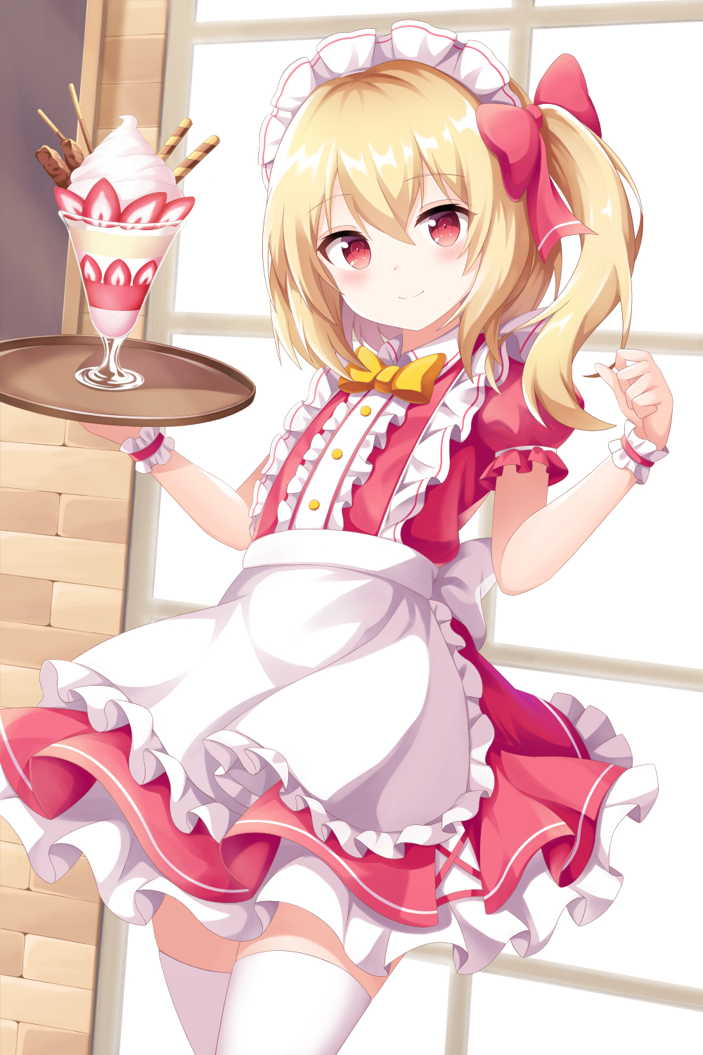1girl alternate_costume apron back_bow bangs blonde_hair blush bow bowtie brick_wall buttons center_frills closed_mouth collared_dress cowboy_shot dress enmaided eyebrows_visible_through_hair eyelashes flandre_scarlet flat_chest frilled_apron frills glass hair_bow highres holding holding_tray maid maid_apron maid_headdress one_side_up parfait petticoat puffy_short_sleeves puffy_sleeves red_bow red_dress red_ribbon ribbon sash shiny shiny_hair short_hair short_sleeves side_ponytail smile solo standing thigh-highs touhou tray upper_body whipped_cream white_apron white_legwear white_sash window wing_collar wrist_cuffs yasuharasora yellow_bow yellow_bowtie yellow_neckwear