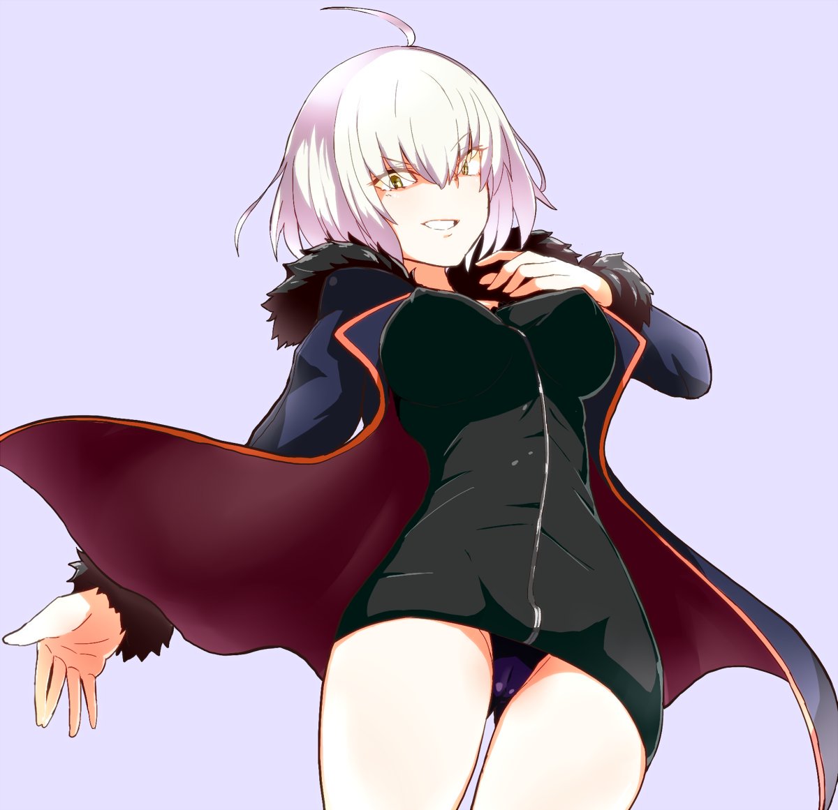 1girl ahoge black_panties breasts dress fate/grand_order fate_(series) fur_coat fur_trim hasai_(mekkan) jeanne_d'arc_(alter)_(fate) jeanne_d'arc_(fate) looking_at_viewer panties short_hair silver_hair simple_background smile solo underwear yellow_eyes