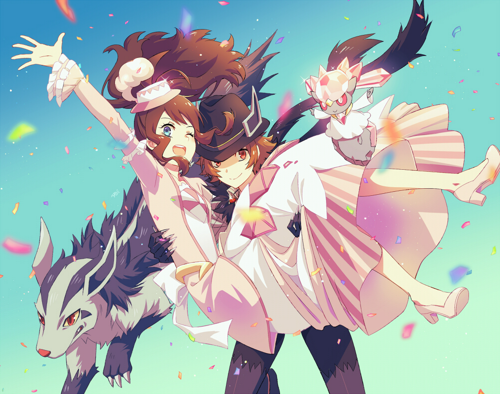 1boy 1girl arm_up blue_eyes blurry brown_eyes brown_hair carrying closed_mouth commentary_request confetti diancie dress eyelashes hat high_heels hilbert_(pokemon) hilda_(pokemon) long_hair long_sleeves michaelovten mightyena official_alternate_costume pink_headwear pokemon pokemon_(creature) pokemon_(game) pokemon_masters_ex short_hair sidelocks smile sparkle