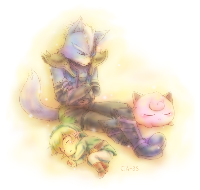 2boys armor blonde_hair boots cia_38 closed_eyes commentary_request crossed_arms furry furry_male gloves jigglypuff link multiple_boys open_mouth photoshop_(medium) pointy_ears pokemon pokemon_(creature) sleeping star_fox super_smash_bros. tail the_legend_of_zelda toon_link white_hair wolf_o'donnell