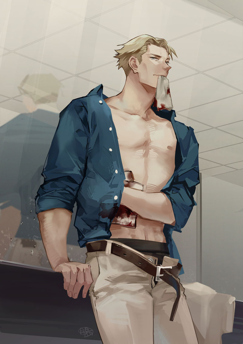 1boy arm_support bandaged_chest bandages belt black_male_underwear blonde_hair blood blood_on_bandages blue_shirt chinese_commentary collarbone commentary_request cowboy_shot grey_pants guttia indoors jujutsu_kaisen looking_at_viewer loose_belt male_focus male_underwear mirror nanami_kento open_clothes open_shirt pants pectorals reflection shirt short_hair sleeves_rolled_up solo underwear very_short_hair