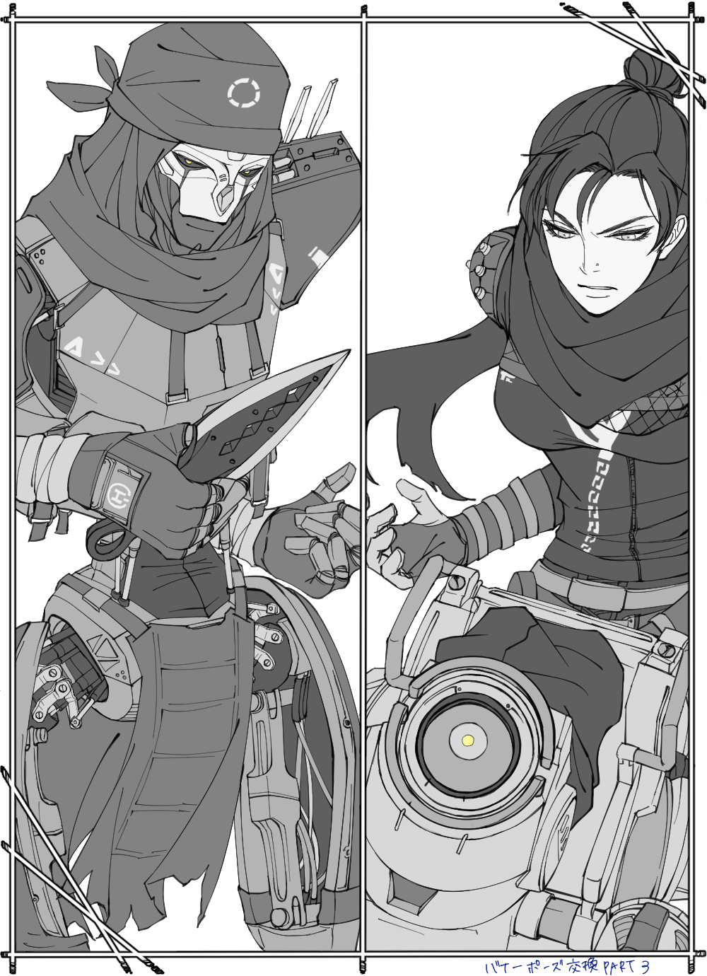 1girl 2boys apex_legends bandana bangs breasts hair_bun highres holding holding_knife humanoid_robot knife looking_down medium_breasts monochrome multiple_boys nose_piercing one-eyed open_hand parted_lips pathfinder_(apex_legends) piercing rai_(scrambleriot) revenant_(apex_legends) scarf science_fiction scowl simulacrum_(titanfall) spot_color wraith's_kunai wraith_(apex_legends) yellow_eyes