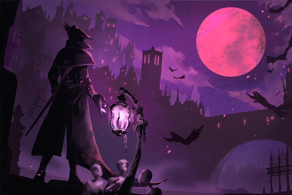 bird bloodborne boots bridge capelet castle cloak clouds coat crow fog from_behind full_body full_moon gate gloves hat hunter_(bloodborne) kintheartist lantern moon red_moon signature tricorne yharnam