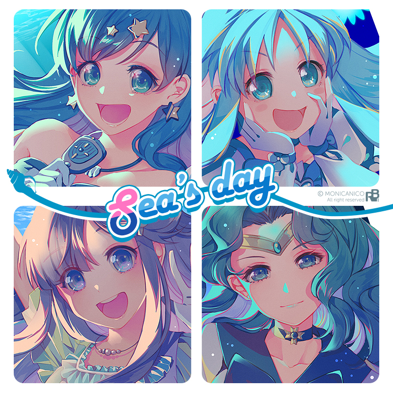 4girls :d artist_name asari_nanami bishoujo_senshi_sailor_moon blue_bow blue_choker blue_eyes blue_hair blue_sailor_collar blue_theme blush_stickers bow choker circlet closed_mouth collarbone crossover cure_marine earrings gloves hands_on_own_face heartcatch_precure! houshou_hanon idolmaster idolmaster_cinderella_girls jewelry kaiou_michiru kurumi_erika long_hair looking_at_viewer magical_girl marine_day mermaid_melody_pichi_pichi_pitch monicanc multiple_crossover multiple_girls necklace open_mouth power_connection precure sailor_collar sailor_neptune sailor_senshi_uniform smile star_(symbol) star_earrings white_gloves