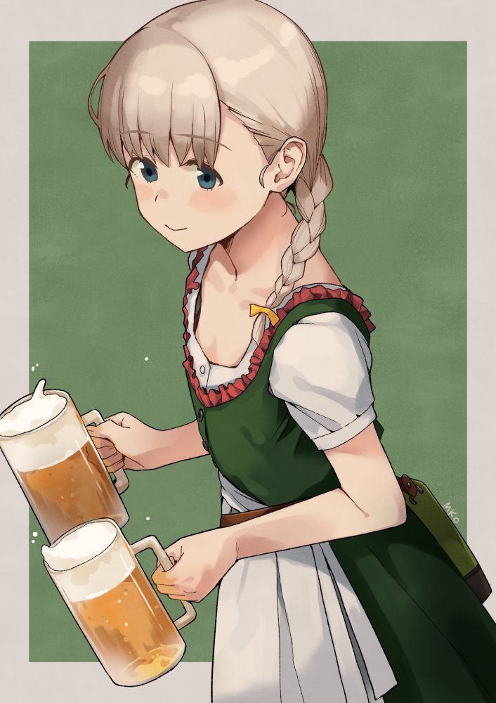 1girl alcohol apron bangs banned_artist barmaid beer beer_mug blonde_hair blouse blue_eyes blunt_bangs cowboy_shot cup dirndl dress flat_chest frilled_dress frills german_clothes green_background green_dress hair_over_shoulder holding holding_cup kantai_collection long_hair makio_(makiomeigenbot) mug official_alternate_costume pinafore_dress puffy_short_sleeves puffy_sleeves shin'you_(kancolle) short_sleeves solo symbol-only_commentary waist_apron waitress white_apron white_blouse
