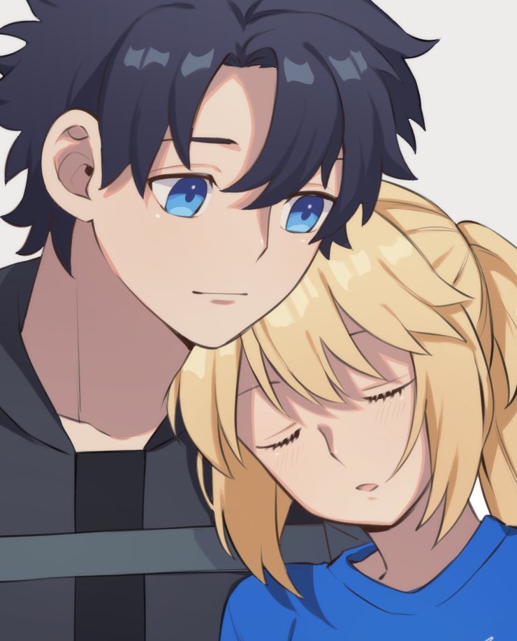 1boy 1girl artoria_pendragon_(caster)_(fate) artoria_pendragon_(fate) arts_shirt bangs black_hair black_shirt blonde_hair blue_eyes blue_shirt blush closed_eyes closed_mouth commentary_request fate/grand_order fate_(series) fujimaru_ritsuka_(male) godeaterlove76 grey_background hair_between_eyes leaning_on_person long_hair looking_at_another open_mouth polar_chaldea_uniform ponytail portrait shirt short_hair sidelocks simple_background sleeping uniform