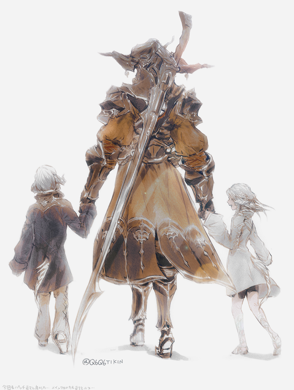 1girl 2boys alfonse_(ffxiv) allie_(ffxiv) armor black_shorts blue_coat boots child coat dragon_horns dragon_tail facing_away final_fantasy final_fantasy_xiv from_behind from_side full_body gaius_van_baelsar gauntlets greaves grey_background gunblade helmet highres holding_hands horns long_sleeves male_focus multiple_boys open_mouth pants pauldrons q6q6tikin scales shadow shoes short_hair shorts shoulder_armor silver_hair smile tail twitter_username walking weapon weapon_on_back white_coat white_pants younger