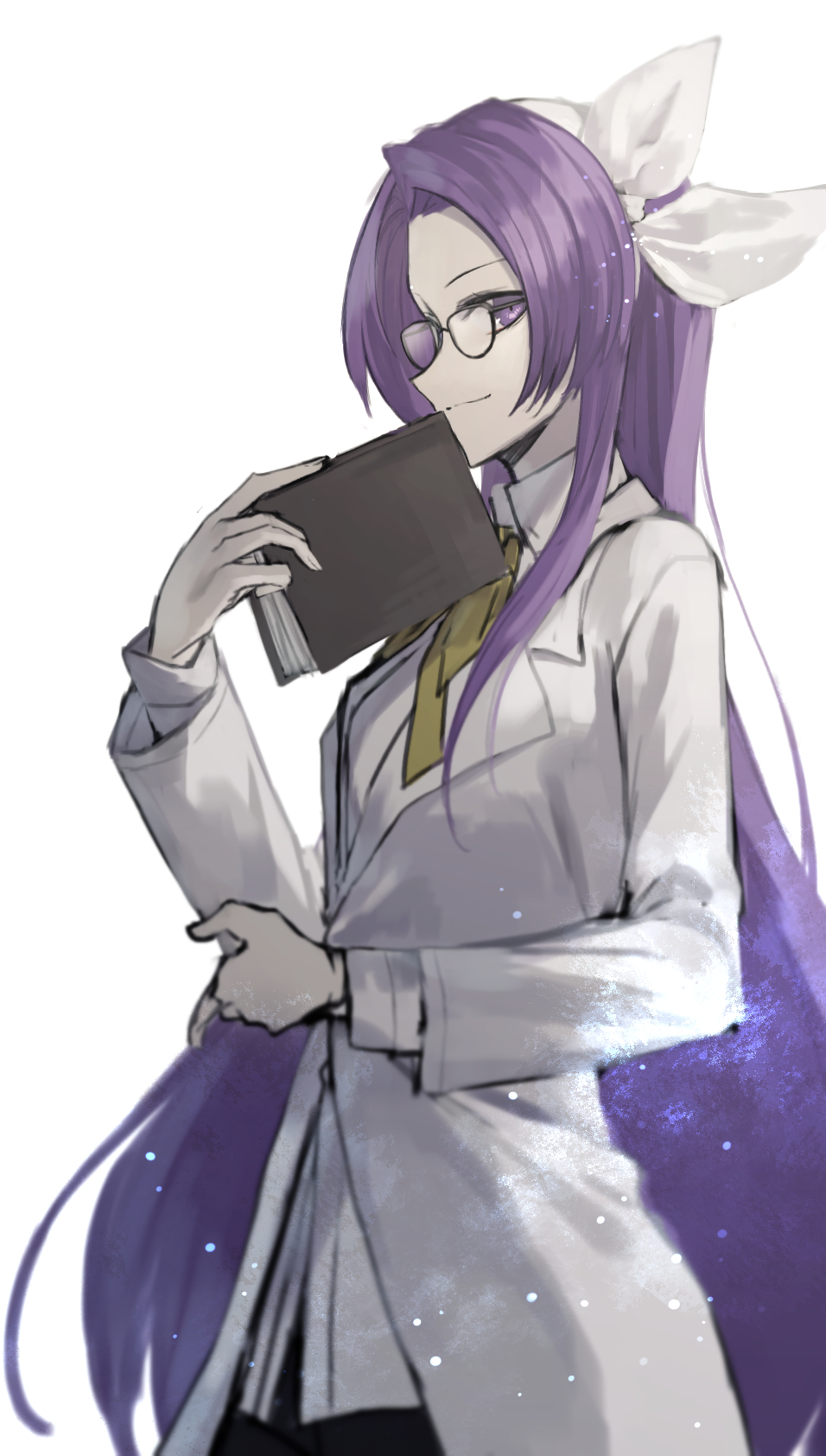 1girl asakura_rikako bangs black_pants book bow breasts forehead glasses hair_bow highres holding holding_book labcoat long_hair long_sleeves otoshiro_kosame pants parted_bangs purple_hair simple_background small_breasts touhou touhou_(pc-98) very_long_hair violet_eyes white_background white_bow yellow_bow yellow_neckwear