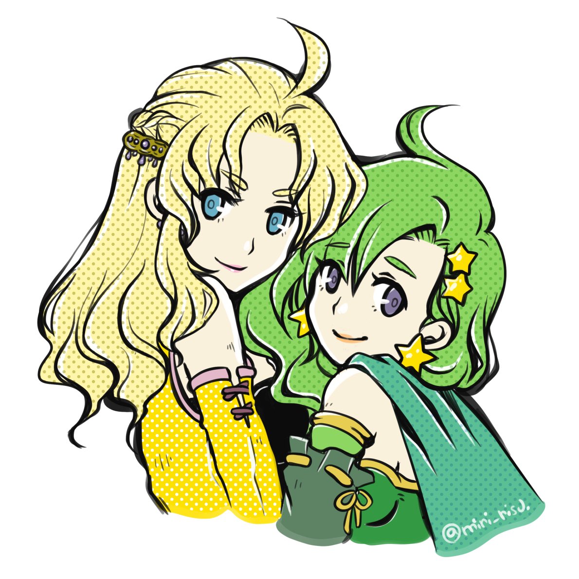 2girls blonde_hair blue_eyes cape celes_chere closed_mouth detached_sleeves earrings final_fantasy final_fantasy_iv final_fantasy_vi green_hair hair_ornament jewelry long_hair looking_at_viewer miri_(mirik) multiple_girls rydia_(ff4) simple_background smile star_(symbol) star_earrings star_hair_ornament white_background