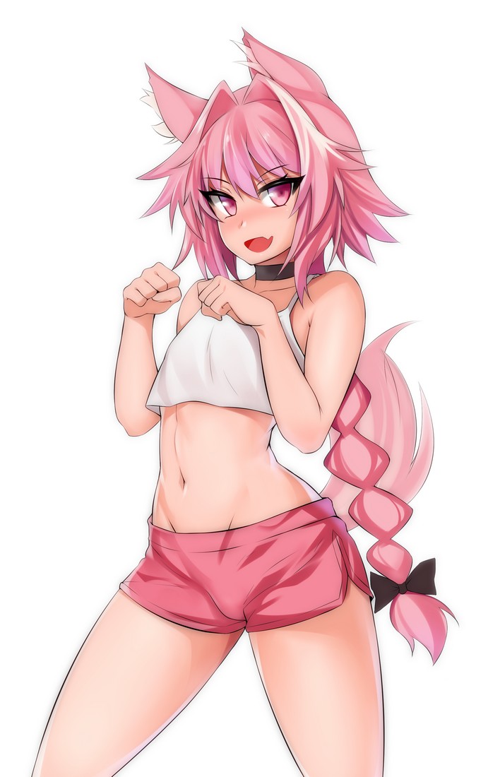1boy animal_ears astolfo_(fate) bare_shoulders braid braided_ponytail choker commentary_request cowboy_shot dog_boy dog_ears dog_tail eyebrows_visible_through_hair fang fate/grand_order fate_(series) hair_between_eyes hevn long_hair looking_at_viewer midriff navel open_mouth otoko_no_ko pink_eyes pink_hair shorts simple_background skin_fang sleeveless solo tail tongue white_background