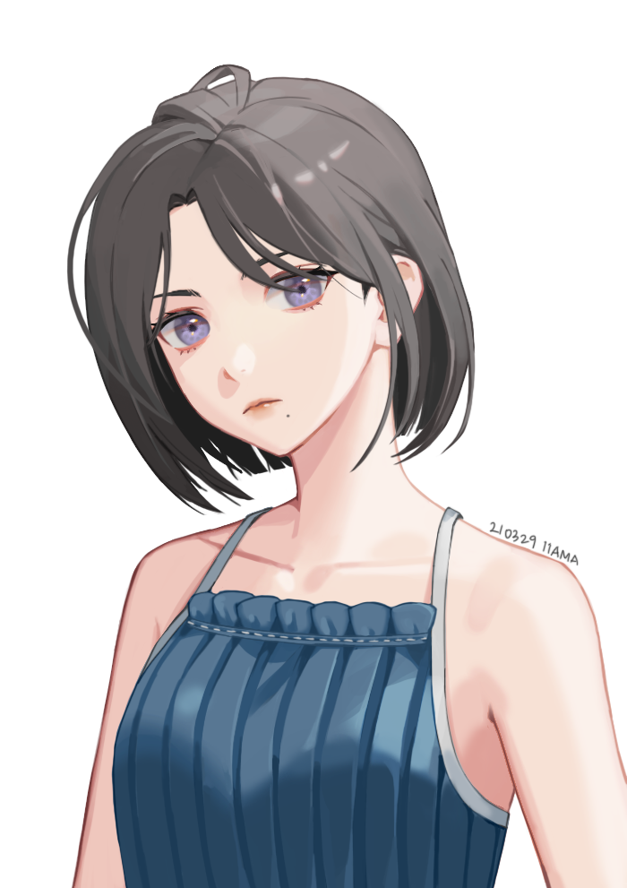 11ama 1girl artist_name bangs black_hair blue_camisole camisole collarbone dated eyebrows_behind_hair frown head_tilt looking_up mole mole_under_mouth original portrait short_hair solo violet_eyes white_background