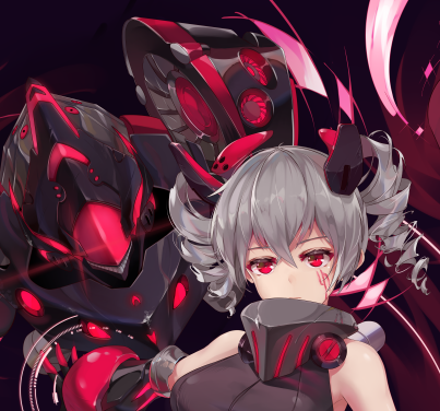 1girl bangs bare_shoulders black_background black_leotard bronya_zaychik bronya_zaychik_(black_nucleus) close-up closed_mouth drill_hair grey_hair honkai_(series) honkai_impact_3rd leotard lowres project_bunny red_eyes reward_available simple_background sleeveless twin_drills zombie-andy