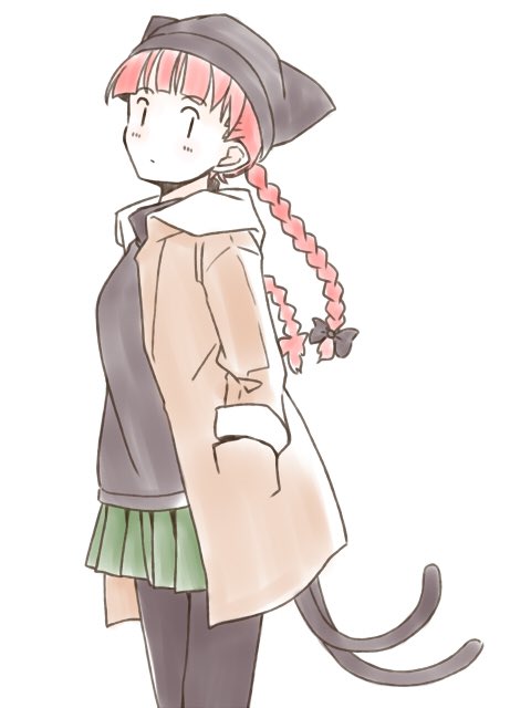 1girl alternate_costume animal_ears black_sweater blush bow braid casual cat_ears extra_ears hands_in_pockets jacket kaenbyou_rin looking_at_viewer multiple_tails nekomata pants pants_under_skirt pointy_ears rangycrow redhead skirt solo standing subterranean_animism sweater tail touhou twin_braids white_background