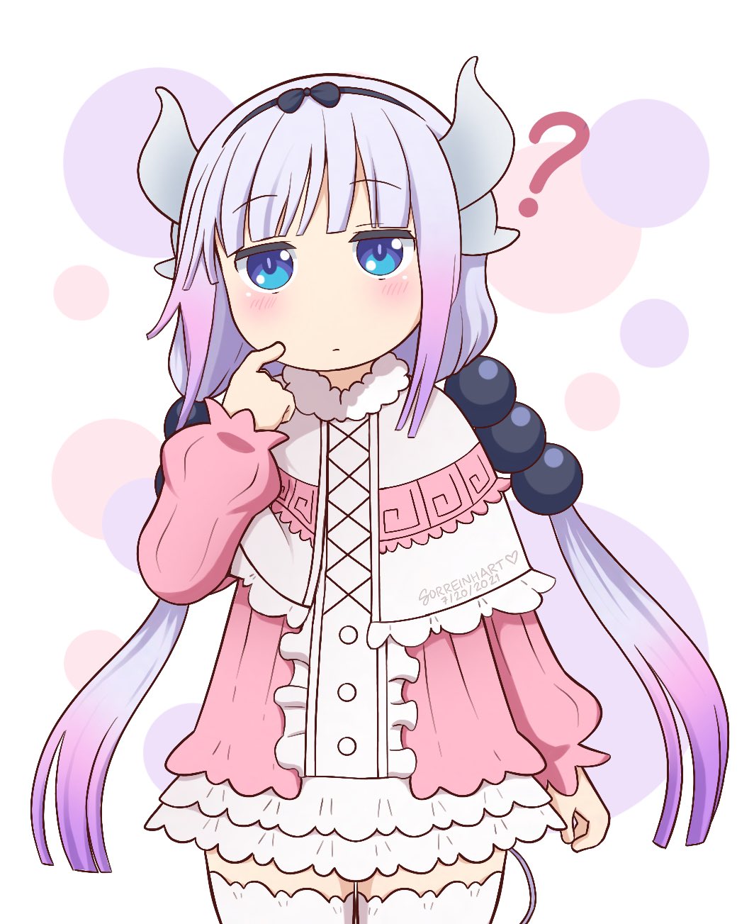 1girl ? bangs blue_eyes blunt_bangs commentary dragon_girl dragon_tail english_commentary eyebrows_visible_through_hair frilled_skirt frills fur_trim gradient_hair hair_bobbles hair_ornament highres index_finger_raised kanna_kamui kobayashi-san_chi_no_maidragon long_hair long_sleeves looking_at_viewer low_twintails multicolored_hair pointer sidelocks silver_hair simple_background skirt solo sorreinhart tail thigh-highs twintails twitter_username white_background white_legwear zettai_ryouiki