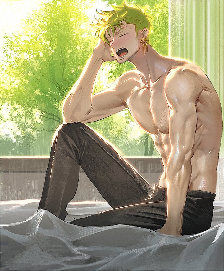 1boy abs bed_sheet black_pants closed_eyes curtains earrings green_hair jewelry male_focus messy_hair muscular muscular_male one_piece open_mouth pants pectorals roronoa_zoro sharp_teeth shiny shiny_skin solo teeth toned toned_male topless_male tree yawning