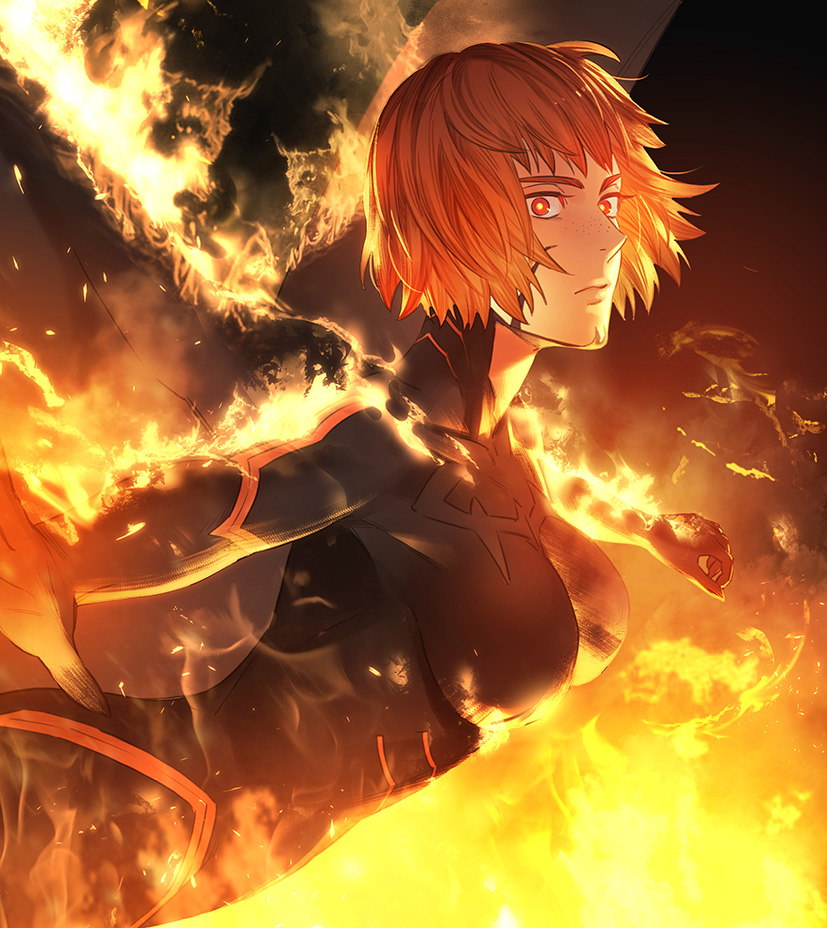 1girl akakokko_(niro_azarashi) bangs birdmen black_bodysuit bob_cut bodysuit breasts brown_hair burning closed_mouth facial_mark fire freckles from_side frown leaning_forward looking_at_viewer orange_hair outstretched_arms red_eyes robin_howard short_hair solo spread_arms upper_body wings
