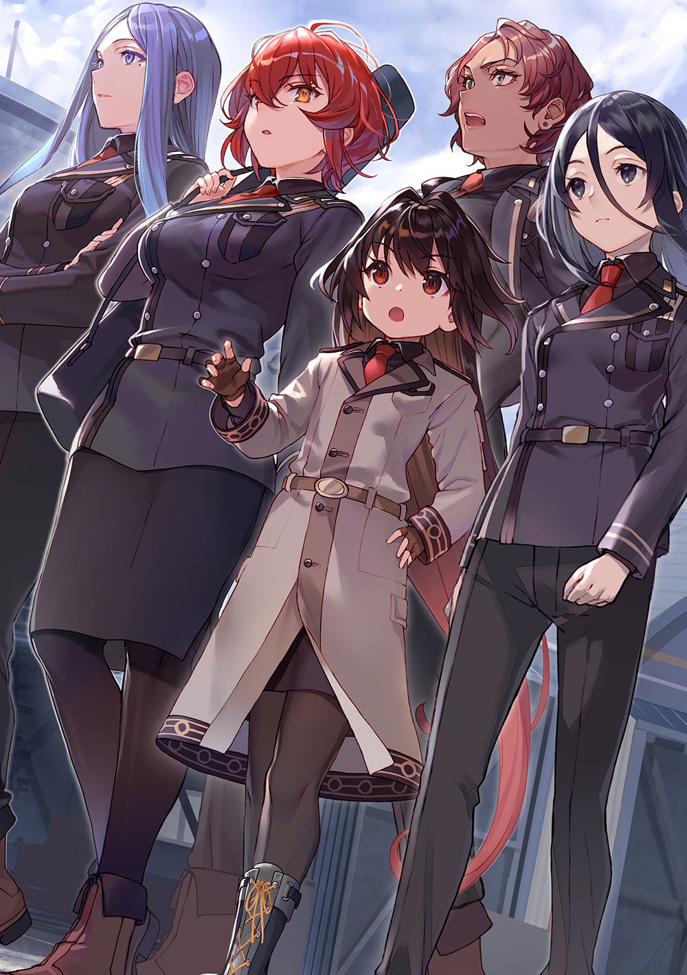 5girls 86_-eightysix- :o ahoge anju_emma bangs belt black_belt black_eyes black_hair black_pants black_shirt blue_eyes blue_hair boots breasts brown_belt brown_footwear brown_gloves brown_hair brown_legwear buttons character_request closed_mouth clouds cloudy_sky coat collared_shirt cover_image cross-laced_footwear double-breasted earrings eyebrows_visible_through_hair fingerless_gloves frederica_rosenfort gloves gradient_hair grey_jacket hair_between_eyes heterochromia highres jacket jewelry kurena_kukumila lace-up_boots long_hair long_sleeves looking_at_viewer looking_away medium_breasts messy_hair military military_uniform mole mole_under_eye multicolored_hair multiple_girls necktie novel_illustration official_art open_mouth orange_eyes outdoors pants pantyhose parted_bangs parted_lips pencil_skirt red_eyes red_necktie redhead shiny shiny_hair shirabi shirt short_hair sidelocks skirt sky small_breasts stud_earrings textless uniform v-shaped_eyebrows walking wing_collar