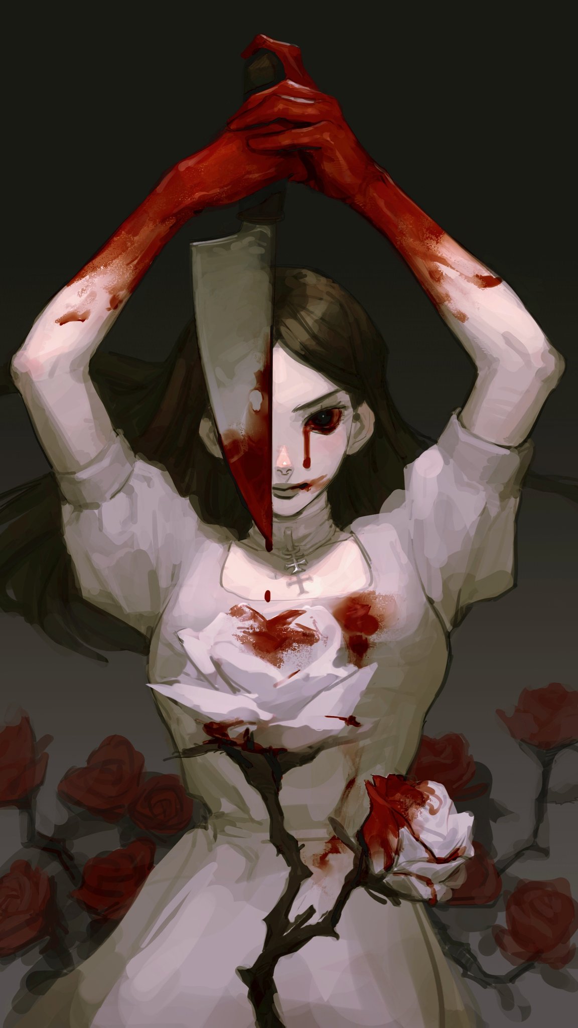 1girl 6_teh alice_in_wonderland american_mcgee's_alice arms_up black_eyes blood blood_from_eyes blood_on_clothes blood_on_hands blood_on_knife blood_on_weapon bloodshot_eyes brown_hair check_copyright closed_mouth colored_sclera copyright_request crying crying_with_eyes_open dress dripping flower gradient gradient_background grey_lips highres holding holding_knife holding_weapon knife long_hair pale_skin puffy_sleeves red_flower red_rose red_sclera rose smeared_blood smile solo tears thorns weapon white_dress white_flower white_rose