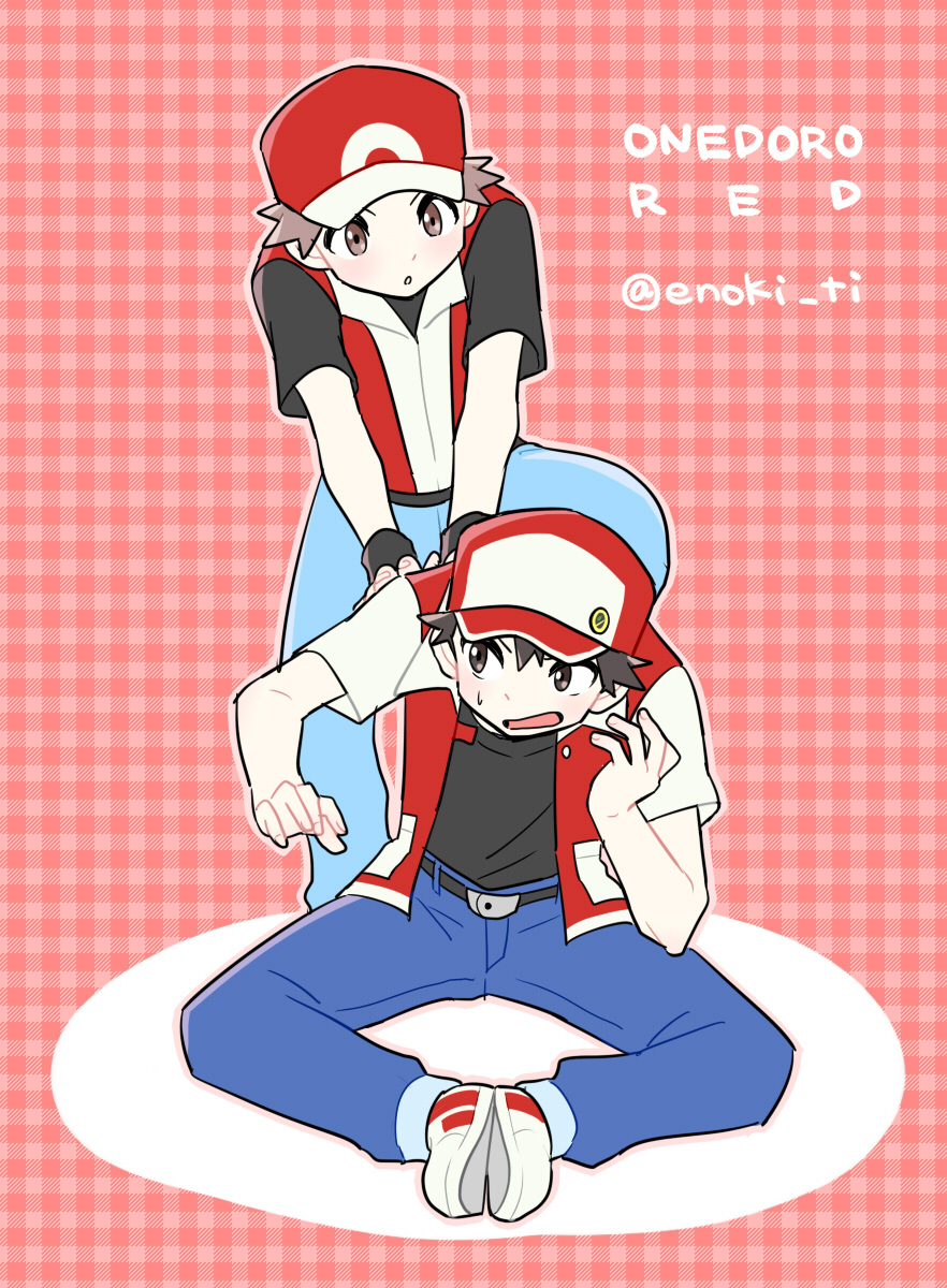 2boys bangs baseball_cap belt belt_buckle black_shirt blue_pants buckle character_name commentary_request dual_persona hat highres jacket looking_down male_focus multiple_boys one-hour_drawing_challenge open_mouth pants parted_lips plaid plaid_background pokemon pokemon_(game) pokemon_frlg pokemon_rgby pumpkinpan red_(pokemon) red_headwear red_jacket shirt shoes short_sleeves sleeveless sleeveless_jacket spiky_hair sweatdrop t-shirt tongue white_footwear wristband