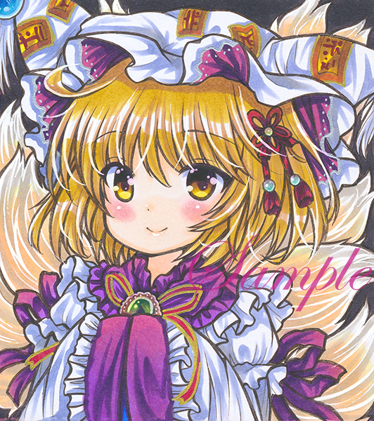 1girl blonde_hair blush brooch closed_mouth dress eyebrows_visible_through_hair fox_tail green_brooch hands_in_opposite_sleeves hat jewelry long_sleeves looking_at_viewer marker_(medium) multiple_tails pillow_hat purple_ribbon ribbon rui_(sugar3) sample smile solo tail tassel touhou traditional_media upper_body white_dress white_headwear wide_sleeves yakumo_ran yellow_eyes
