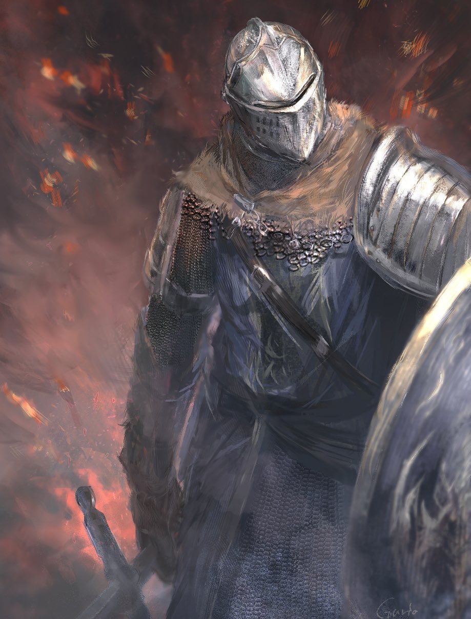 armor dark_souls_(series) dark_souls_i full_armor gauntlets guri_otoko helm helmet highres holding holding_shield holding_sword holding_weapon knight knight_of_astora_oscar shield shoulder_armor solo sword weapon