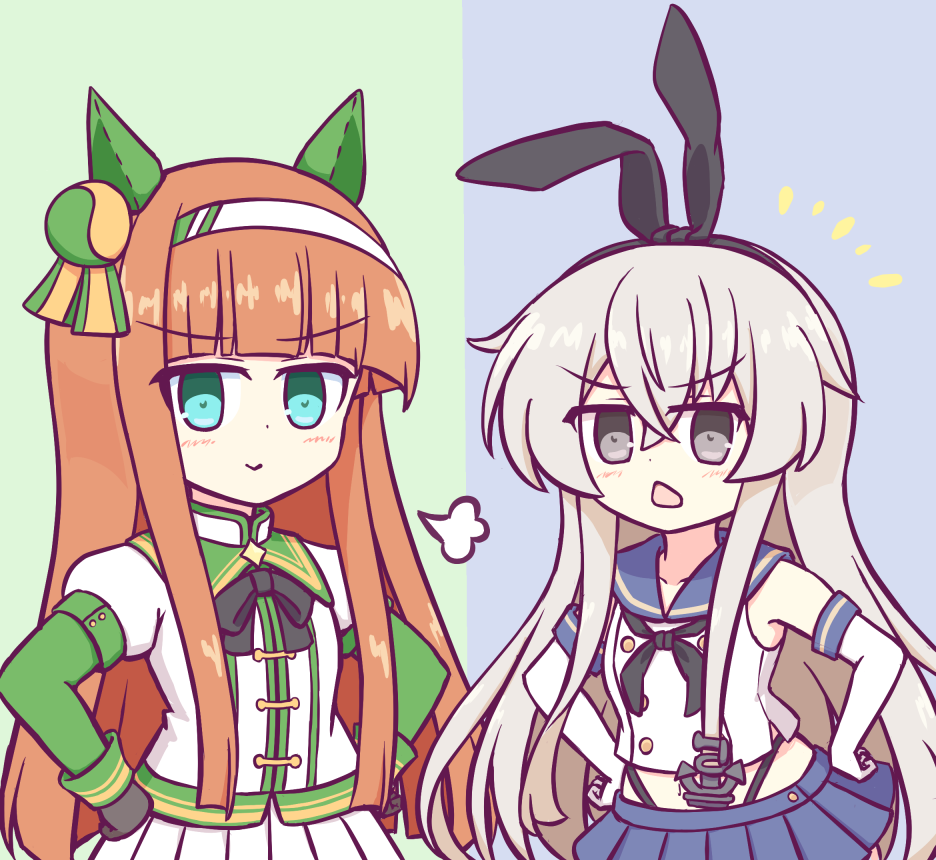 2girls :&lt; blush commentary_request crossover detached_sleeves gloves green_eyes grey_eyes grey_hair hair_ornament headband kantai_collection kashimu long_hair looking_at_viewer multiple_girls open_mouth orange_hair shimakaze_(kancolle) silence_suzuka_(umamusume) simple_background smug trait_connection umamusume