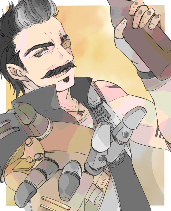 1boy apex_legends black_hair black_vest bottle brown_eyes commentary facial_hair fuse_(apex_legends) grey_hair holding holding_bottle mechanical_arms mustache one_eye_covered open_hand open_mouth rai_(scrambleriot) single_mechanical_arm smile solo soul_patch upper_body vest