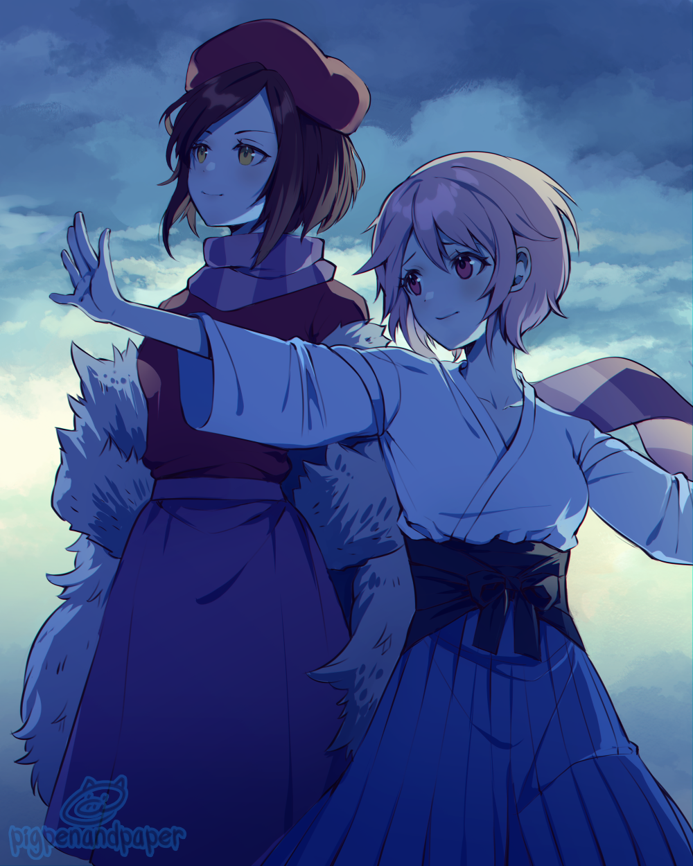 2girls artist_name bangs beret blue_hakama blush brown_eyes brown_hair closed_mouth collarbone commission copyright_request eyebrows_behind_hair fur_trim hair_between_eyes hakama hakama_skirt hat highres japanese_clothes kimono long_sleeves looking_away multiple_girls numbers_(pigpenandpaper) outdoors outstretched_arm pink_hair purple_skirt red_eyes red_headwear red_shirt scarf shirt short_hair signature skirt smile striped striped_scarf watermark white_kimono wide_sleeves