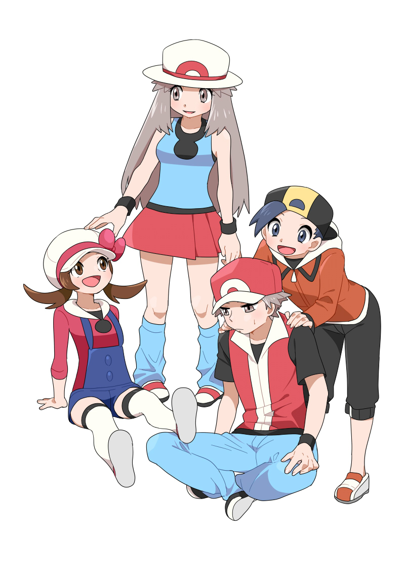 2boys 2girls :d baseball_cap black_headwear black_pants black_wristband blue_legwear blue_overalls blue_shirt bow brown_eyes brown_hair bucket_hat cabbie_hat capri_pants commentary_request ethan_(pokemon) hair_flaps hat hat_bow jacket knees leaf_(pokemon) long_hair long_sleeves loose_socks lyra_(pokemon) multiple_boys multiple_girls open_mouth overalls pants pleated_skirt pokemon pokemon_(game) pokemon_frlg pokemon_hgss pumpkinpan red_(pokemon) red_bow red_headwear red_shirt red_skirt shirt shoes short_hair skirt sleeveless sleeveless_shirt smile standing thigh-highs tongue twintails white_footwear white_headwear white_legwear wristband zipper_pull_tab