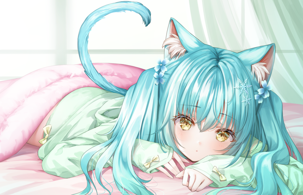 1girl animal_ear_fluff animal_ears bangs bed blue_flower blue_hair bow brown_hair cat_ears cat_girl cat_tail closed_mouth curtains eyebrows_visible_through_hair flower green_shirt green_shorts hair_between_eyes hair_flower hair_ornament indoors long_hair long_sleeves looking_at_viewer lying murano on_stomach original shirt short_shorts shorts sleeves_past_wrists snowflake_hair_ornament solo tail two_side_up under_covers window yellow_bow