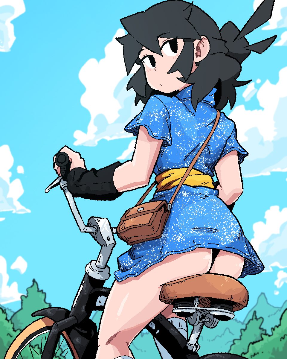 1girl ass bag bicycle black_eyes black_hair black_nails black_panties blue_shirt blue_sky brown_bag clouds cloudy_sky feet_out_of_frame from_behind ground_vehicle highres looking_at_viewer lucia_(scott_malin) no_pants original panties plant scott_malin shirt short_sleeves shoulder_bag sky solo underwear