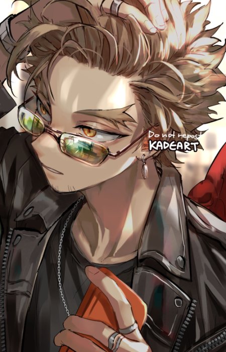 1boy accessories adjusting_hair artist_name black_jacket black_shirt blonde_hair blurry blurry_background boku_no_hero_academia chain collarbone earrings facial_hair forehead glasses goatee hawks_(boku_no_hero_academia) holding holding_phone jacket jewelry kadeart male_focus parted_lips phone reflection ringlets shirt short_hair solo spiky_hair stubble thick_eyebrows upper_body watch watch wings yellow_eyes