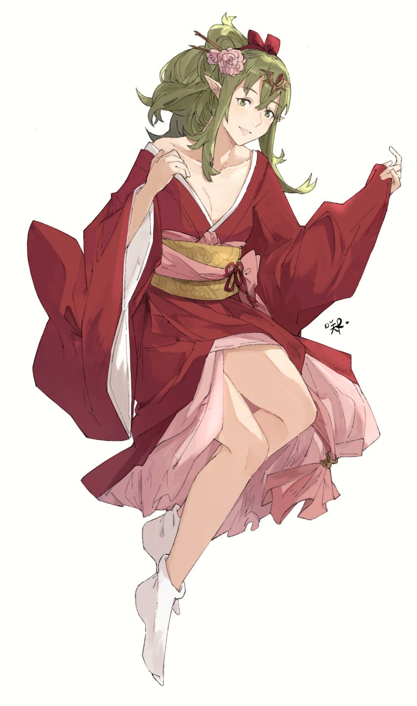 1girl alternate_costume bangs bare_shoulders breasts commentary eyebrows_visible_through_hair fire_emblem flower full_body green_hair hair_flower hair_ornament highres japanese_clothes jewelry kimono legs long_hair long_sleeves looking_at_viewer manakete no_shoes pointy_ears ponytail sakuremi sash signature smile socks solo tiara tiki_(fire_emblem) white_background yukata
