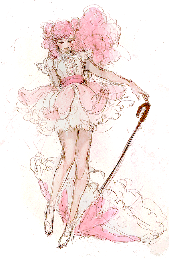 1girl bangs blush buttons cherry_blossom_cookie cookie_run dress floating_hair frills humanization laphet long_hair looking_down outstretched_arm parasol pink_eyes pink_hair short_twintails sketch smile solo standing swept_bangs twintails umbrella wind