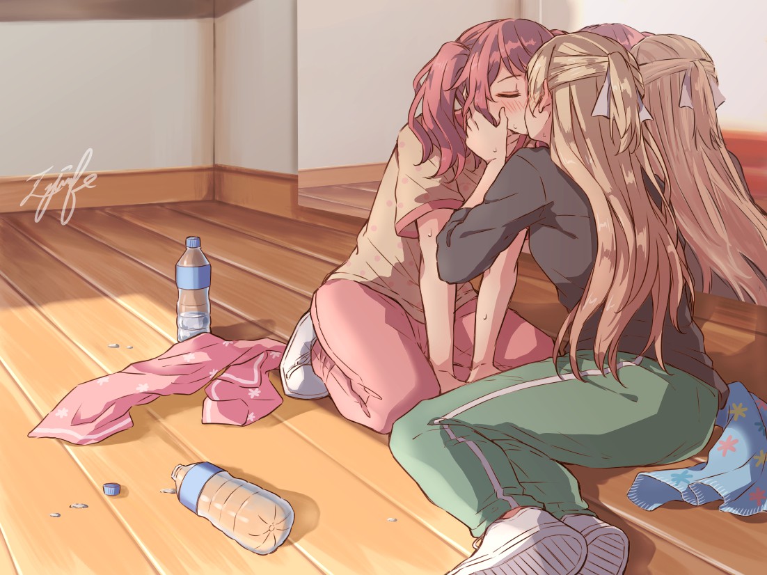 2girls aiiro_bokujuu bang_dream! blonde_hair blush bottle chinese_commentary closed_eyes commentary_request green_pants half_updo kiss kneeling long_hair maruyama_aya multiple_girls on_floor pants pink_hair pink_pants polka_dot polka_dot_shirt shirasagi_chisato shirt short_sleeves sitting sweat towel track_pants twintails water_bottle white_footwear yellow_shirt yuri