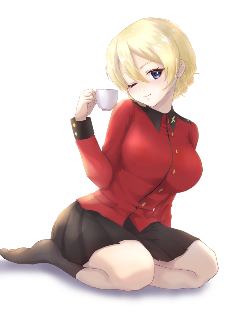 1girl bangs black_legwear black_skirt blonde_hair blue_eyes braid closed_mouth commentary_request cup darjeeling_(girls_und_panzer) girls_und_panzer holding holding_cup jacket long_sleeves looking_at_viewer military military_uniform miniskirt one_eye_closed pleated_skirt red_jacket rei_(happily-blue-butterfly) shadow short_hair simple_background sitting skirt smile socks solo st._gloriana's_military_uniform teacup tied_hair twin_braids uniform white_background yokozuwari