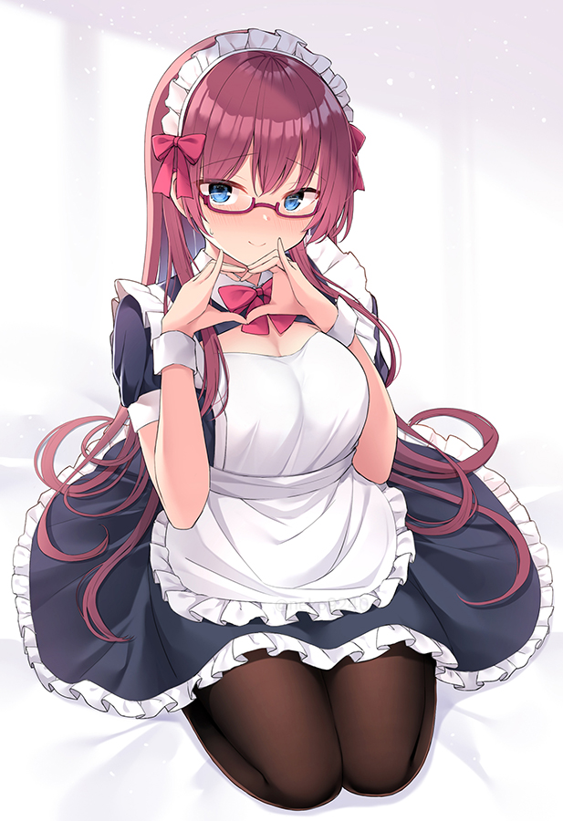 1girl apron bangs black_dress black_legwear blue_eyes blush bow breasts commentary_request dress eyebrows_visible_through_hair frills glasses heart heart_hands long_hair looking_at_viewer maid maid_apron maid_headdress medium_breasts nekokobushi original pantyhose red_bow redhead sitting smile solo very_long_hair white_apron