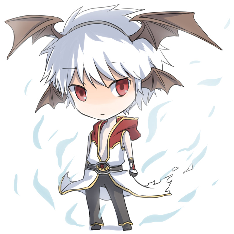 1boy aura bangs bat_wings black_footwear black_gloves black_pants brown_wings champion_(ragnarok_online) championship_belt chibi closed_mouth coat commentary_request expressionless eyebrows_visible_through_hair fake_wings full_body gloves gold_trim head_wings hooded_coat looking_at_viewer male_focus natsuya_(kuttuki) open_clothes open_coat pants ragnarok_online red_coat red_eyes shoes short_hair simple_background sleeveless_coat solo standing two-tone_gloves white_background white_coat white_gloves white_hair wings