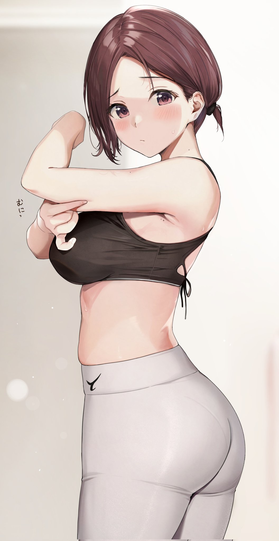 1girl azuki_yui bare_arms blush breasts brown_eyes brown_hair closed_mouth highres large_breasts looking_at_viewer original pants pinching ponytail short_hair short_ponytail simple_background solo sports_bra tight tight_pants white_pants wide_hips