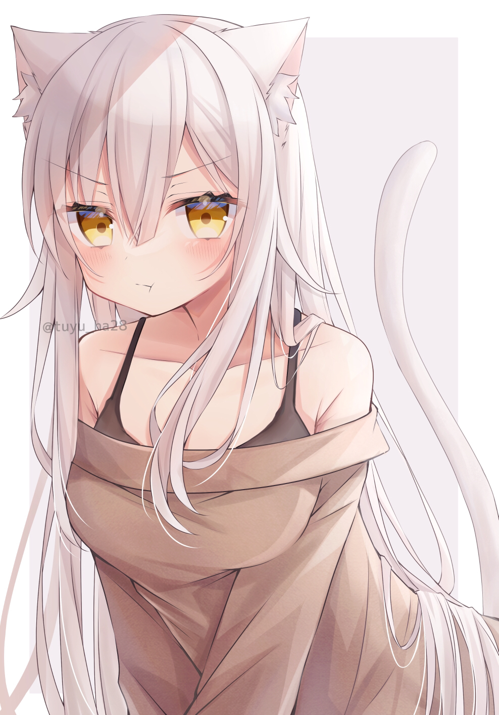 1girl :t animal_ear_fluff animal_ears bangs bare_shoulders blush breasts brown_eyes brown_sweater cat_ears cat_girl cat_tail closed_mouth collarbone commentary_request eyebrows_visible_through_hair grey_background hair_between_eyes highres long_hair looking_at_viewer medium_breasts off-shoulder_sweater off_shoulder original pout ringouulu solo sweater tail tail_raised twitter_username two-tone_background very_long_hair watermark white_background white_hair