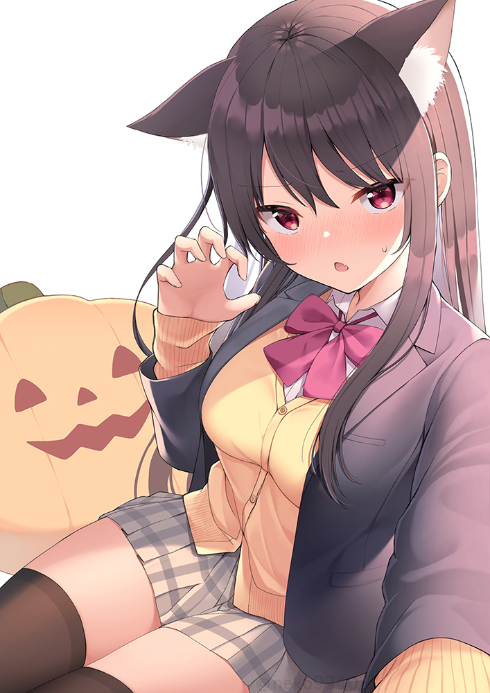 1girl animal_ear_fluff animal_ears bangs black_hair black_jacket black_legwear blazer blush bow bowtie breasts cardigan cat_ears commentary_request eyebrows_visible_through_hair halloween jacket long_hair looking_at_viewer medium_breasts nekokobushi open_mouth original plaid plaid_skirt pleated_skirt pumpkin red_bow red_eyes school_uniform simple_background skirt sleeves_past_wrists solo thigh-highs white_background yellow_cardigan