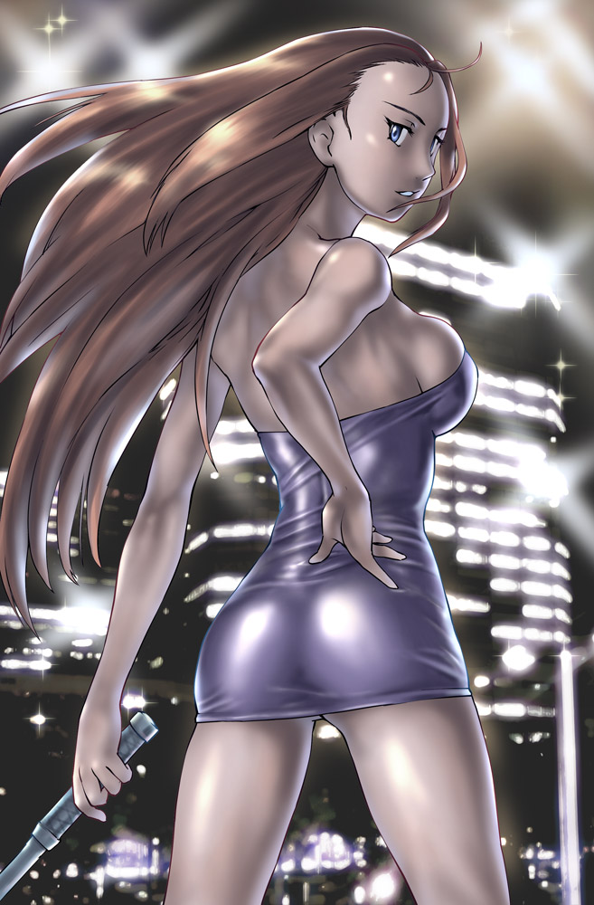 1girl ass blue_eyes bodycon city cocktail_dress commentary_request dress ghost_sweeper_mikami holding long_hair mikami_reiko orange_hair retro_artstyle solo strapless strapless_dress tube_dress ueyama_michirou