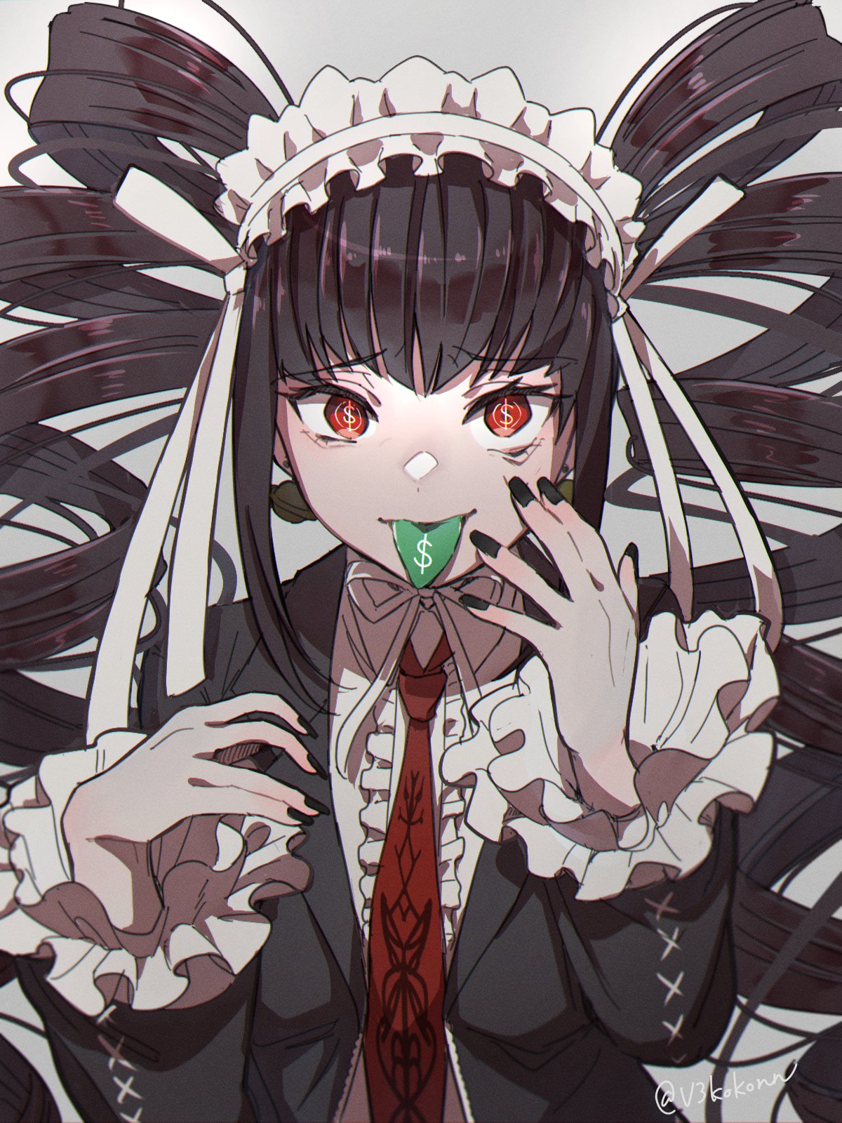 1girl bangs black_hair black_nails bonnet celestia_ludenberg center_frills claw_ring collared_shirt commentary_request danganronpa:_trigger_happy_havoc danganronpa_(series) drill_hair eyebrows_visible_through_hair frilled_jacket frills gothic_lolita hands_up highres jacket kitsunebi_v3kokonn lolita_fashion long_hair long_sleeves looking_at_viewer nail_polish necktie open_clothes open_jacket red_eyes red_necktie shirt simple_background smile solo tongue tongue_out twin_drills twintails